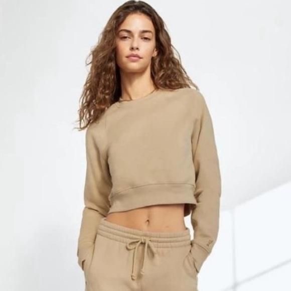 Tna Cozy Fleece Cropped Sweatshirt Tan Long Sleeve Crew Neck Women's Size S Euc